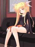  ^_^ animal arf bare_legs blonde_hair blush closed_eyes collarbone couch fate_testarossa frapowa hair_ribbon indoors long_hair long_sleeves lyrical_nanoha mahou_shoujo_lyrical_nanoha no_pants on_lap pink_ribbon ribbon sitting sleeping sleeping_upright solo sweater twintails window 