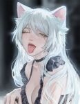  1girl animal_ears bakemonogatari barbed_tongue black_bra black_choker black_hanekawa blurry blurry_background bra breasts cat_ears choker cleavage hair_between_eyes hanekawa_tsubasa highres lips long_hair looking_at_viewer medium_breasts monogatari_(series) one_eye_closed open_mouth solipsist solo tongue tongue_out underwear upper_body very_long_hair white_hair yellow_eyes 