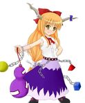  :d artist_request ball belt blonde_hair bottle bow bowtie buckle buttons chain cube full_body gourd green_eyes grin hair_bow hand_on_hip horns ibuki_suika long_hair looking_at_viewer open_mouth outstretched_arm red_bow red_neckwear see-through shoes sidelocks smile solo teeth touhou triangle very_long_hair wrist_cuffs 