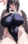  1girl absurdres black_choker black_hair blue_archive blush breasts choker curvy halo hasumi_(blue_archive) highres huge_breasts long_hair looking_at_viewer metsu_end one-piece_swimsuit ponytail red_eyes simple_background solo swimsuit thick_thighs thighs white_background wide_hips wings 