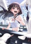  1girl bird black_hair black_pants hands_on_own_chest highres idol_x_idol_story! long_hair music nagisa_mimi navel open_mouth pants purple_eyes seagull singing tank_top tokunou_shoutarou wings 