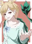  1girl antlers blonde_hair blue_shirt dragon_girl dragon_horns dragon_tail highres horns kakineko kicchou_yachie looking_at_viewer open_mouth red_eyes shirt short_hair smile square_neckline tail touhou turtle_shell yellow_horns 