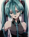  1girl :o bare_shoulders between_breasts black_shirt black_sleeves blue_necktie breasts collared_shirt cross cross_earrings detached_sleeves dot_nose ear_piercing earrings frilled_shirt frills hair_between_eyes hair_ornament hatsune_miku highres jewelry large_breasts long_hair long_sleeves looking_at_viewer multicolored_hair naguno-0713 necktie necktie_between_breasts number_tattoo open_mouth piercing pink_hair shirt sidelocks simple_background sleeveless sleeveless_shirt solo streaked_hair tattoo twintails two-tone_hair upper_body very_long_hair vocaloid white_background wing_collar 