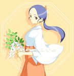  blue_hair blush branch from_side gohei hakama hamao japanese_clothes kimono looking_at_viewer looking_to_the_side miko oonusa original ponytail red_eyes red_hakama sidelocks solo standing tamagushi 
