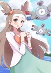  :o absurdres bow brown_eyes brown_hair cloud cloudy_sky collarbone dress eyelashes green_dress highres jasmine_(pokemon) long_hair looking_at_viewer magnemite open_mouth piyo_to_game pokemon pokemon_(creature) pokemon_hgss sky sleeves_past_elbows very_long_hair water 