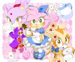  3girls amy_rose animal_ears blaze_the_cat blush brown_eyes cake cake_slice card cat_ears cat_girl cat_tail clock cream_the_rabbit cup dress flower food forehead_jewel frilled_dress frills fruit fur-trimmed_gloves fur_trim furry furry_female gloves green_eyes hedgehog_girl holding holding_cup jacket kusunoki_cherry looking_at_viewer multiple_girls pink_fur ponytail purple_fur purple_jacket rabbit_ears rabbit_girl rabbit_tail smile sonic_(series) strawberry tail teacup teapot white_gloves yellow_eyes 