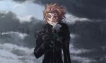  1boy absurdres black_coat black_coat_(kingdom_hearts) black_gloves blue_sky bragi_(kingdom_hearts) cloud cloudy_sky coat commentary copyright_name dark_clouds day easter_lily expressionless flower gloves hand_up highres holding holding_flower hood kingdom_hearts kingdom_hearts_dark_road long_coat long_sleeves looking_down male_focus orange_eyes orange_hair outdoors roku_(gansuns) sky solo symbol-only_commentary upper_body white_flower wind zipper 