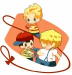  3boys backpack bag black_eyes black_hair blonde_hair blue_bow blue_shorts blush_stickers bow brown_bag gift hair_over_eyes hitofutarai holding lucas_(mother_3) male_focus mother_(game) mother_2 mother_3 multiple_boys ness_(mother_2) open_mouth porky_minch red_headwear shirt shorts sideways_hat solid_oval_eyes striped_clothes striped_shirt suspenders white_shirt yo-yo 