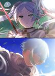  1boy 1girl ? aki_(neyuki41028) blue_hair blue_sky blurry bokeh capelet cloak covered_mouth day depth_of_field earrings elf eyelashes falling_leaves floating_hair frieren grass green_eyes grey_hair hair_between_eyes highres himmel_(sousou_no_frieren) holding holding_staff hood hood_down hooded_cloak jewelry leaf long_hair looking_at_another looking_at_viewer looking_down looking_up mole mole_under_eye parted_bangs pointy_ears short_hair sky sousou_no_frieren split_screen spoken_question_mark staff surprised twintails white_capelet white_cloak 