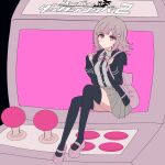  1girl arcade_cabinet black_shirt black_thighhighs brown_hair brown_skirt chi_gu danganronpa_(series) danganronpa_2:_goodbye_despair dress_shirt grey_shirt hands_up highres jacket medium_hair miniskirt nanami_chiaki neck_ribbon open_clothes open_jacket oversized_object pink_bag pink_eyes pink_ribbon pleated_skirt pout ribbon shirt shirt_tucked_in sitting skirt sleeves_past_wrists solo thighhighs zettai_ryouiki 