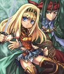  1girl alicia_(valkyrie_profile_2) blonde_hair blue_eyes boots green_eyes green_hair hair_ornament hairband headband kouno_hikaru long_hair overskirt panties puffy_sleeves rufus_(valkyrie_profile) skirt thigh_boots thighhighs underwear valkyrie_profile valkyrie_profile_2 white_panties zettai_ryouiki 