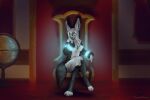 2023 anthro barefoot breasts canid canine chair cleavage clothed clothing coat crossed_legs digital_media_(artwork) digitigrade dress feet female fennec fexneel_denisse fluffy fluffy_ears fluffy_tail fox fur furniture globe glowing hair hi_res inside looking_at_viewer mammal smile snout solo tail throne topwear watermark white_body white_fur white_hair