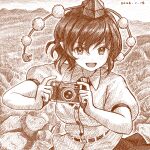 1girl :d breasts camera collared_shirt commentary_request dated greyscale hat holding holding_camera looking_at_viewer monochrome nokimenayu open_mouth pom_pom_(clothes) shameimaru_aya shirt short_hair short_sleeves skirt smile solo teeth tokin_hat touhou upper_body upper_teeth_only 