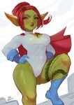  1girl absurdres artist_name blue_eyes blue_footwear blue_gloves blush boots breasts cape cleavage_cutout cloak clothing_cutout colored_skin cosplay costume covered_abs covered_navel dc_comics female_goblin gloves goblin green_skin hands_on_own_hips highres large_breasts leg_tattoo leotard maewix_(artist) medium_hair muscular muscular_female pointy_ears ponytail power_girl power_girl_(cosplay) red_cape red_hair solo superman_(series) tattoo thick_thighs thighs white_leotard 