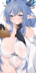  1girl arknights black_gloves blue_eyes blue_hair breasts character_request chunta copyright_request covered_nipples dress gloves highres inverted_nipples large_breasts ling_(arknights) long_hair looking_at_viewer pointy_ears pouring pouring_onto_self see-through see-through_dress sweat wet wet_clothes white_background 