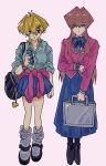  2girls bag bag_charm black_bag black_footwear black_socks blonde_hair blue_bow blue_bowtie blue_eyes blue_shirt blue_skirt bow bowtie breasts briefcase bright_pupils brown_eyes brown_hair cellphone cellphone_charm charm_(object) cleavage clothes_around_waist domino_high_school_uniform dress_shirt expressionless flip_phone full_body genderswap genderswap_(mtf) grey_socks hair_ornament hairclip highres holding holding_briefcase holding_phone jacket jacket_around_waist jounouchi_katsuya kaiba_seto long_hair long_skirt looking_at_another looking_down miniskirt multiple_girls parted_lips phone pink_background pink_bracelet pink_jacket pink_nails ppo0ot school_bag school_briefcase school_uniform shirt shoes short_hair shoulder_bag simple_background skirt socks watch wristwatch yu-gi-oh! yu-gi-oh!_duel_monsters 