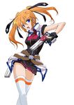  belt blue_eyes cross_mirage double_barrels dual_wielding eyebrows_visible_through_hair gun handgun holding lyrical_nanoha mahou_shoujo_lyrical_nanoha_strikers o-ring orange_hair panties pantyshot pistol red_hair solo teana_lanster thighhighs twintails underwear upskirt weapon white_panties yatsushima_tetsuya zipper zipper_pull_tab 