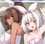  2girls :d bare_shoulders blanc_(nikke) breasts brown_eyes brown_hair chiji_komari cleavage closed_mouth collarbone covering_chest covering_privates dark-skinned_female dark_skin fang goddess_of_victory:_nikke hair_intakes large_breasts long_hair looking_at_viewer medium_breasts multiple_girls naked_towel noir_(nikke) open_mouth skin_fang smile towel very_long_hair white_hair 