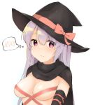  1girl absurdres ayachi_nene belt_bra black_cloak black_headwear blush bow breasts cleavage cloak closed_mouth embarrassed eyelashes eyes_visible_through_hair frown grey_hair hair_between_eyes hat hat_bow highres large_breasts long_hair looking_at_viewer pink_bow purple_eyes sanoba_witch simple_background solo spoken_blush straight_hair sweatdrop thought_bubble upper_body white_background witch_hat yuuhodesu 