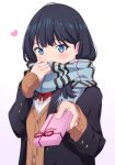  1girl black_hair blue_eyes blush coat commentary_request gift gridman_universe heart highres holding holding_gift looking_at_viewer scarf short_hair simple_background solo ssss.gridman sweater syunfumi takarada_rikka upper_body white_background 