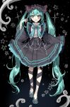 1girl :d absurdly_long_hair black_background black_footwear black_headwear black_ribbon black_skirt blue_eyes blue_nails blue_ribbon blush bonnet brooch center_frills collared_shirt facial_tattoo frilled_shirt frills full_body grin hair_between_eyes hand_up hatsune_miku high-waist_skirt highres inu_totemo jewelry leg_ribbon long_hair long_sleeves looking_at_viewer nail_polish neck_ribbon neon_trim number_tattoo open_mouth pleated_skirt pleated_sleeves ribbon shirt shirt_tucked_in shoes sidelocks simple_background skirt smile solo straight-on tattoo teeth twintails very_long_hair vocaloid white_shirt wide_sleeves 