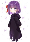  aged_down black_footwear black_hoodie blush boots bow child closed_mouth eyebrows_hidden_by_hair fern_(sousou_no_frieren) floral_background frills hair_bow highres hood hoodie looking_at_viewer nanami_ayane_(kusunoki5050) puffy_sleeves purple_eyes purple_hair short_hair simple_background sousou_no_frieren standing 