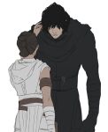  0109_(artist) 1boy 1girl belt black_hair black_jumpsuit brown_hair commentary_request from_behind hand_in_another&#039;s_hair height_difference highres jumpsuit kylo_ren looking_at_another rey_(star_wars) robe star_wars white_robe 
