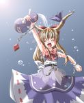  :d ^_^ ^o^ alcohol arm_up armpits bare_shoulders blue_skirt bottle bow bowtie chain closed_eyes dripping gourd grey_background hair_bow horns ibuki_suika oni open_mouth red_bow red_neckwear sake shirt simple_background skirt smile solo splashing standing subaru_noji touhou white_shirt wrist_cuffs 