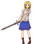  1girl blonde_hair blue_eyes blue_skirt blush boots brown_footwear cross-laced_footwear elona full_body lace-up_boots leather leather_boots little_girl_(elona) long_sword medium_hair sansan15 shirt simple_background skirt smile solo sword weapon white_background white_shirt 