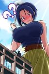  1boy 1girl ahoge blue_hair blue_shirt blue_sky blush breasts building cloud covered_nipples from_below giant giantess highres idolmaster idolmaster_(classic) large_breasts miura_azusa ochisoyaaa_(speedylateness) open_mouth producer_(idolmaster) producer_(idolmaster_anime) red_eyes shirt short_hair sky sleeveless sleeveless_shirt surprised sweat 