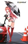  1girl ass bare_shoulders belt boots breasts car closers crop_top cropped_vest elbow_gloves full_body gloves grin hairband high_heel_boots high_heels highres holding holding_umbrella long_hair looking_at_viewer looking_back luna_aegis_(closers) midriff motor_vehicle non-web_source official_art purple_eyes race_queen red_hair short_shorts shorts single_thighhigh sleeveless smile solo standing thigh_boots thighhighs thighs traffic_cone umbrella v-shaped_eyebrows vest 