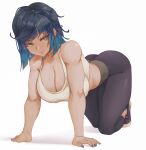  1girl absurdres all_fours alterlesott ass bent_over black_pants blue_hair breasts cleavage clothing_cutout crop_top earrings genshin_impact green_eyes hanging_breasts highres jewelry large_breasts leggings looking_at_viewer muscular muscular_female nail_polish pants skin_tight solo tank_top thick_thighs thighs white_background yelan_(genshin_impact) 