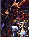  arm_up ashford_academy_uniform black_hair cape code_geass collar expressionless geass kimura_takahiro lelouch_lamperouge long_sleeves looking_at_viewer machinery male_focus mecha nakata_eiji official_art outstretched_arm purple_eyes slender uniform 