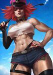  1girl abs absurdres belt_collar biceps blue_sky breasts collar covered_nipples crop_top denim denim_shorts final_fight gloves hand_on_own_hip hat highres monori_rogue muscular muscular_female no_bra peaked_cap pink_hair pink_nails poison_(final_fight) riding_crop shirt short_shorts shorts single_glove sky solo standing street_fighter street_fighter_v tank_top thigh_gap thighs torn_clothes torn_shirt underboob 