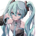  1girl bare_shoulders between_breasts black_sleeves blue_eyes blue_hair blue_necktie breasts collared_shirt detached_sleeves frilled_shirt frills grey_shirt hair_between_eyes hair_ornament hand_in_own_hair hand_up hatsune_miku headset highres long_hair long_sleeves looking_at_viewer medium_breasts microphone naguno-0713 necktie necktie_between_breasts number_tattoo open_mouth shirt sidelocks simple_background sleeveless sleeveless_shirt solo tattoo tie_clip twintails twitter_username upper_body very_long_hair vocaloid white_background 