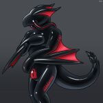 absurd_res capcom chastity_bulge chastity_device flying_wyvern full_body_suit hacony hi_res hoses latex lock_symbol male mitts monster_hunter nargacuga null_bulge red_latex rubber_suit solo wings