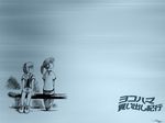  ashinano_hitoshi blue hatsuseno_alpha monochrome multiple_girls sitting takatsu_kokone wallpaper yokohama_kaidashi_kikou 