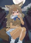  1girl animal_ears blonde_hair bow bowtie cardigan elbow_gloves extra_ears forest full_moon gloves golden_jackal_(kemono_friends) highres jackal_ears jackal_girl jackal_tail kemono_friends kunikuni_(kunihiro2005) long_hair looking_at_viewer moon nature night night_sky outdoors pantyhose red_eyes scarf skirt sky socks solo tail 