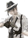  1girl black_gloves black_headwear black_necktie blue_eyes brown_hair character_name claire_redfield closed_mouth collared_shirt fedora finger_on_trigger fune_(nkjrs12) gloves gun hair_up handgun hat highres holding holding_gun holding_weapon looking_at_viewer loose_necktie necktie official_alternate_costume resident_evil resident_evil_2 resident_evil_2_(remake) revolver shirt signature sleeves_rolled_up solo suspenders upper_body weapon white_shirt 