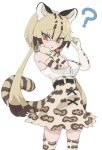  1girl absurdres animal_ears bare_shoulders belt bow bowtie cat_ears cat_girl cat_tail elbow_gloves extra_ears gloves grey_hair highres kemono_friends kunikuni_(kunihiro2005) long_hair looking_at_viewer ocelot_(kemono_friends) ocelot_print red_eyes shirt simple_background skirt sleeveless sleeveless_shirt solo tail thighhighs twintails 