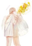  1girl 1other abstract angel angel_wings bare_legs blonde_hair brown_eyes commentary eyeball flower halo hands_on_another&#039;s_neck long_hair open_mouth original profile see-through see-through_shirt shirt short_sleeves signature simple_background standing syalgu symbol-only_commentary t-shirt white_background white_shirt wings yellow_flower 
