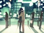  4boys arm_around_waist arms_around_neck bangs black_hair black_legwear blurry boots briefcase building city coat couple depth_of_field from_side full_body game_cg hand_in_pocket hand_on_another's_back hand_on_another's_shoulder height_difference holding hug kida_tokinori knee_boots kurihara_touko lamppost lights loafers long_hair miniskirt multiple_boys multiple_girls nakamura_takeshi outdoors pants pantyhose railing road scarf shadow shoes short_hair skirt snow snowing standing street tenshi_no_inai_12-gatsu 