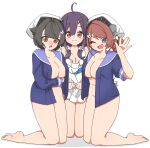  3girls absurdres ahoge animal_print apron bandana barefoot black_hair blue_sailor_collar blue_shirt braid braided_hair_rings breasts brown_hair chougei_(kancolle) cleavage fish_print full_body grey_eyes hair_flaps hair_ornament hair_over_shoulder hair_rings headgear highres jingei_(kancolle) kantai_collection large_breasts long_hair looking_at_viewer low_twintails multiple_girls nairo naked_apron no_panties open_clothes open_mouth open_shirt purple_hair red_eyes sailor_collar sailor_shirt shirt simple_background taigei_(kancolle) twin_braids twintails waving whale_hair_ornament whale_print white_apron white_background white_bandana 