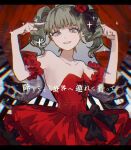  1girl :d arm_garter bare_shoulders black_bow black_nails blunt_bangs bow breasts collarbone cowboy_shot cross-laced_clothes cross-laced_dress dress drill_hair flower gaikotsu_gakudan_to_riria_(vocaloid) green_hair grey_eyes grin hair_bow hair_flower hair_ornament hands_up hatsune_miku highres index_finger_raised inu_totemo letterboxed long_bangs looking_at_viewer nail_polish open_mouth pleated_dress red_curtains red_dress red_flower red_rose rose short_twintails sidelocks skull small_breasts smile solo strapless strapless_dress teeth twin_drills twintails 