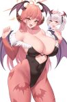  2girls :d animal_print aru_(blue_archive) bare_shoulders bat_print black_leotard blue_archive blush breasts chibi cleavage clothing_cutout commentary cosplay covered_navel fang fur_trim hands_up head_wings heart_cutout highres horns kuavera large_breasts leotard long_hair long_sleeves looking_at_viewer morrigan_aensland morrigan_aensland_(cosplay) multiple_girls mutsuki_(blue_archive) off-shoulder_leotard off_shoulder open_mouth panties pantyhose pink_hair pink_panties side_ponytail simple_background skin_fang smile symbol-only_commentary thighs underwear vampire_(game) very_long_hair white_background white_hair wings yellow_eyes 