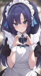  1girl absurdres alternate_costume apron blue_archive blue_bow blue_bowtie blurry blush bow bowtie depth_of_field enmaided frilled_apron frills halo heart heart_hands highres long_hair looking_at_viewer maid maid_apron maid_headdress parted_bangs purple_eyes purple_hair short_sleeves sidelocks solo two_side_up white_apron wrist_cuffs yuuka_(blue_archive) zeatto 
