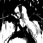  backless_dress backless_outfit black blush cowboy_shot dress frills from_behind greyscale hairband lolita_hairband long_hair long_sleeves looking_to_the_side monochrome profile rozen_maiden solo suigintou upper_body very_long_hair wings 