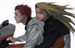  2boys bandaid bandaid_on_face blonde_hair bruise bruise_on_face deidara_(naruto) floating_hair from_side highres hug hug_from_behind injury jacket long_hair long_sleeves looking_ahead motor_vehicle motorcycle multiple_boys multiple_riders naruto_(series) naruto_shippuuden profile red_hair sasori_(naruto) short_hair simple_background umkaqryi upper_body white_background white_jacket 