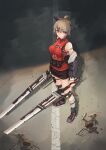  1girl absurdres animal_ears arknights bandaid bandaid_on_arm cutter_(arknights) drone from_above full_body highres holding holding_sword holding_weapon looking_at_viewer red_eyes road short_hair shorts solo superbeek4 sword weapon 