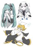  3girls :d :o belt black_sailor_collar black_shorts black_sleeves black_socks blonde_hair blue_eyes blue_hair blue_nails blush bow bow_hairband cevio closed_mouth colored_skin cropped_torso detached_sleeves dot_nose fang hair_bow hair_ornament hairband hairpin hatsune_miku headphones headset heart highres hood hood_down hooded_jacket jacket kafu_(cevio) kagamine_rin kneehighs long_hair long_sleeves loose_belt loose_socks multiple_girls naguno-0713 nail_polish number_tattoo open_mouth own_hands_together parted_bangs profile purple_eyes sailor_collar school_uniform serafuku shirt short_hair short_hair_with_long_locks shorts sidelocks simple_background skin_fang sleeveless sleeveless_shirt smile socks steepled_fingers sweatdrop tattoo twintails very_long_hair vocaloid white_background white_bow white_hair white_jacket white_shirt white_skin 